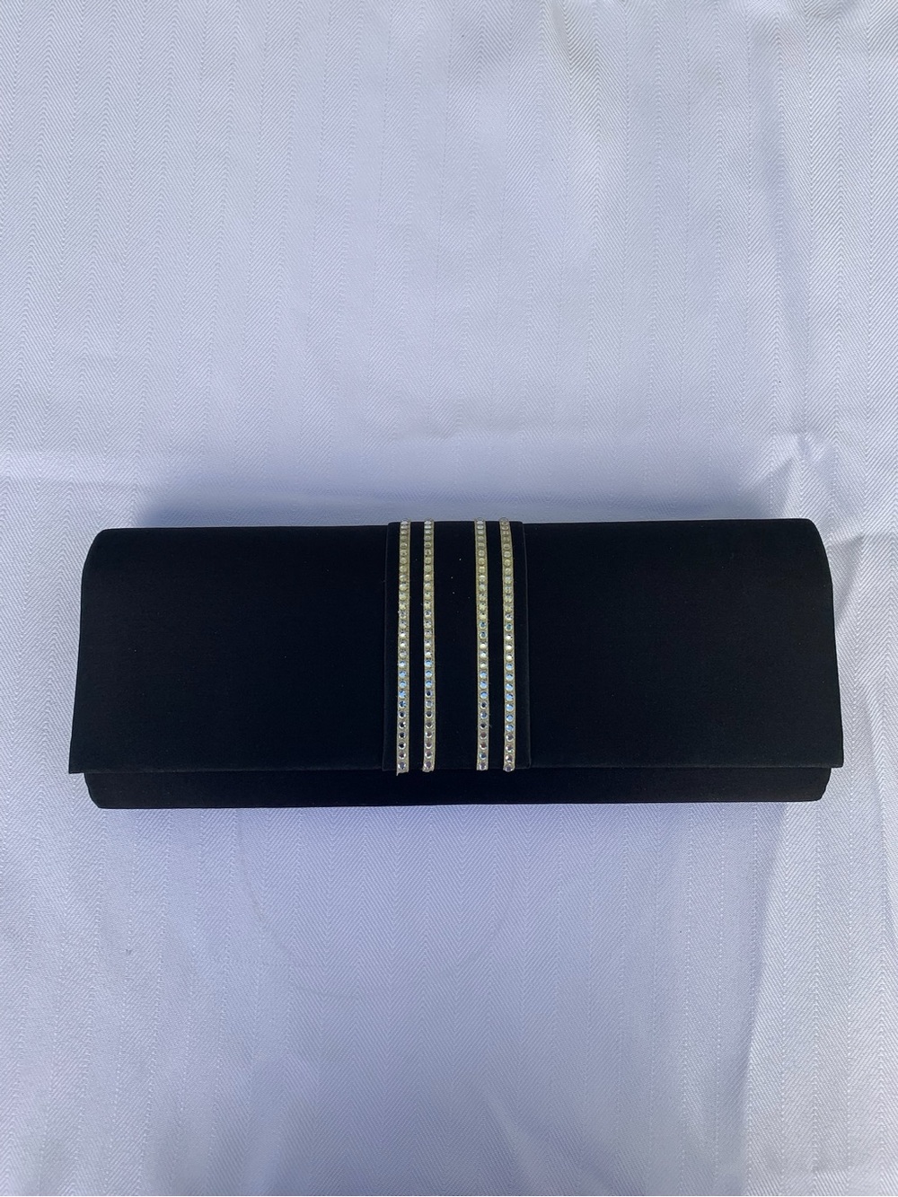 Valerie Stevens Black Satin Clutch with Rhinestone Strips
